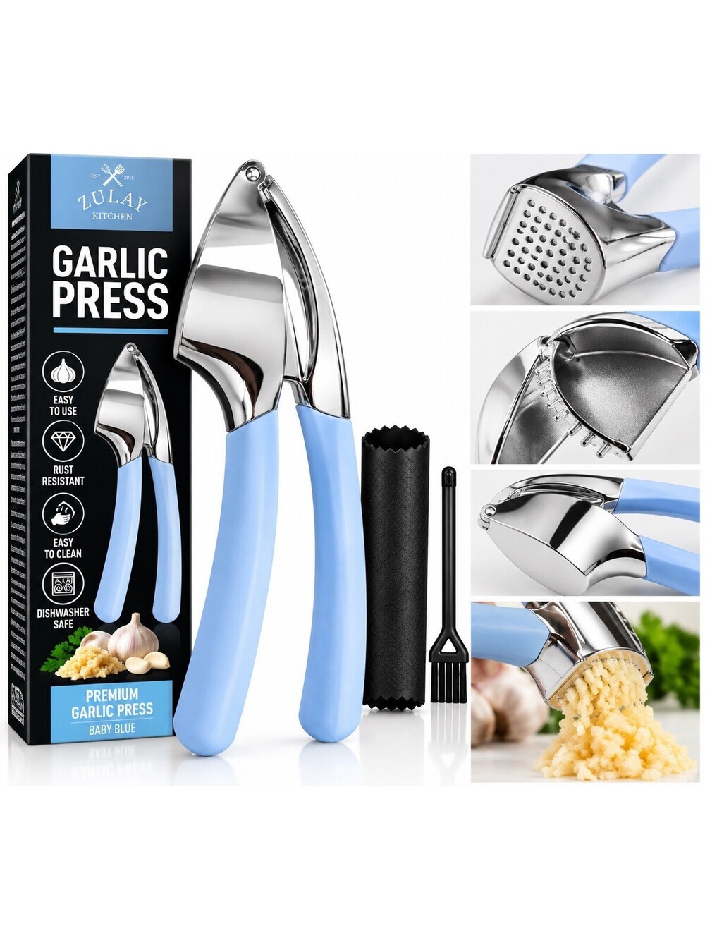🧄 Zulay Kitchen Premium Garlic Press – Chrome & Baby Blue – Heavy Duty